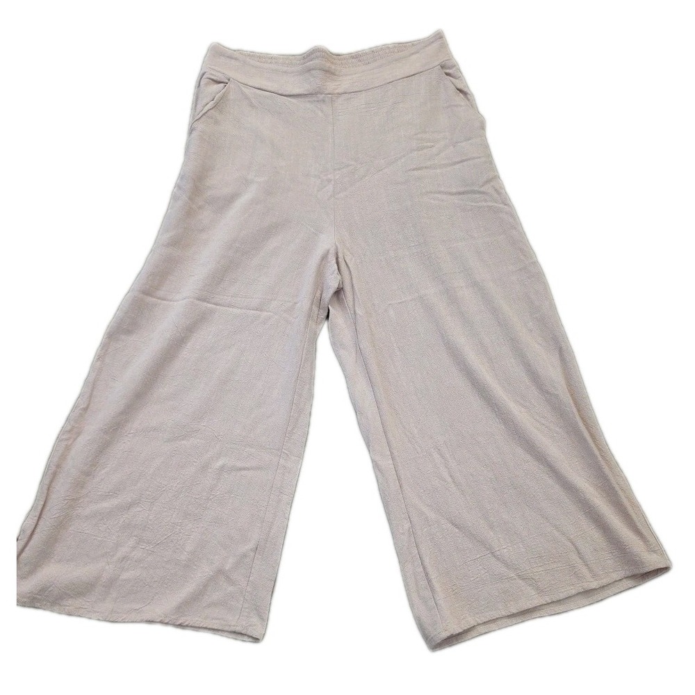 Womens Beige High Waisted Wide Leg Palazzo Pants‎ Size Large Linen Easy Comfort
